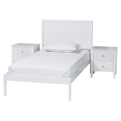 Baxton Studio Lara Twin 3-Piece Bedroom Set - Modern Wood Bed Frame with Matching Nightstands, Decorative Laser-Cut Headboard Overlay, White